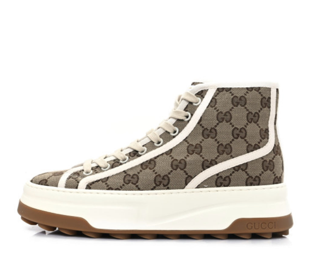 New canvas GG monogram womens tennis 1997 high top 55mm platform sneakers 38.5 beige Ebony mystic white
