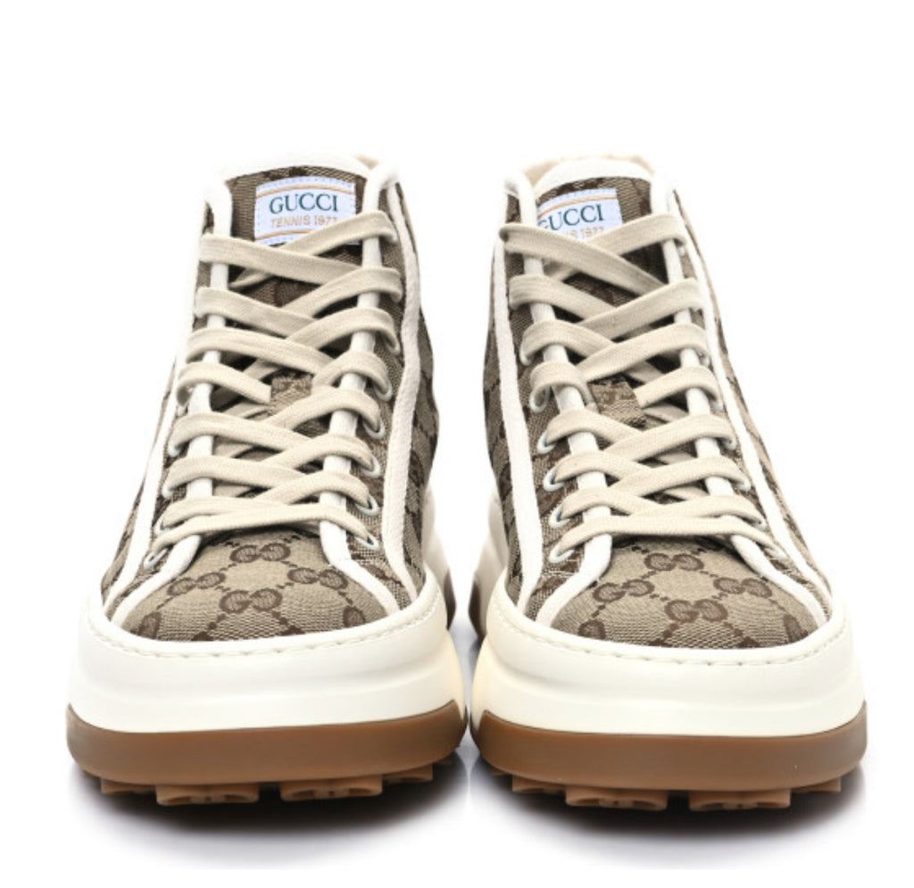 New canvas GG monogram womens tennis 1997 high top 55mm platform sneakers 38.5 beige Ebony mystic white