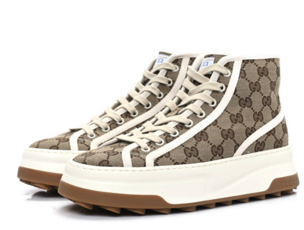 New canvas GG monogram womens tennis 1997 high top 55mm platform sneakers 38.5 beige Ebony mystic white