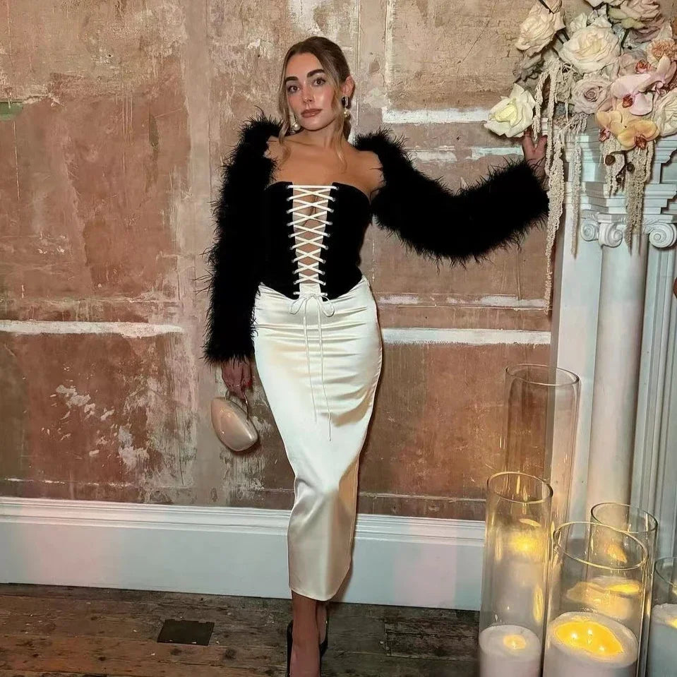 Suninheart Autumn 2 Piece Dress Set 2024 New in Lace Up Velvet Top and Pencil Skirt Set Black Elegant Dress Women Party Dresses