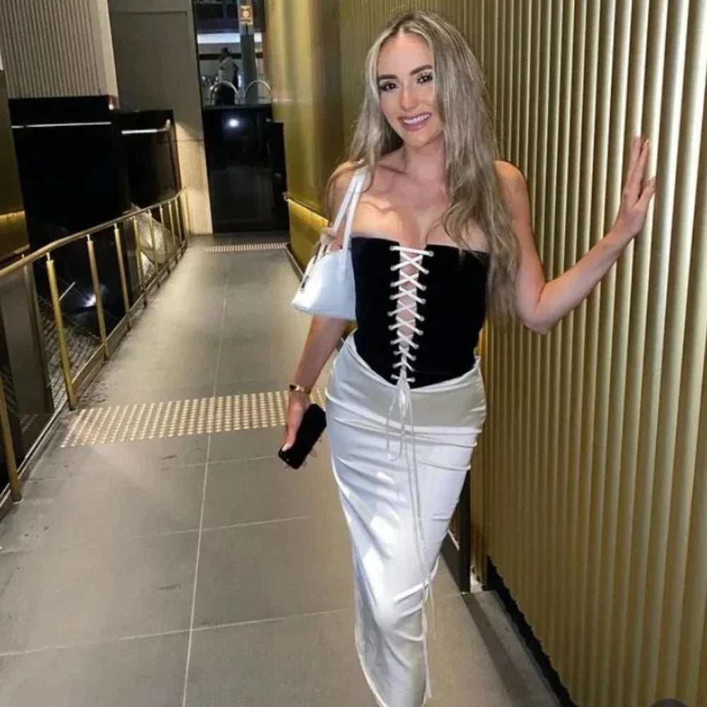 Suninheart Autumn 2 Piece Dress Set 2024 New in Lace Up Velvet Top and Pencil Skirt Set Black Elegant Dress Women Party Dresses