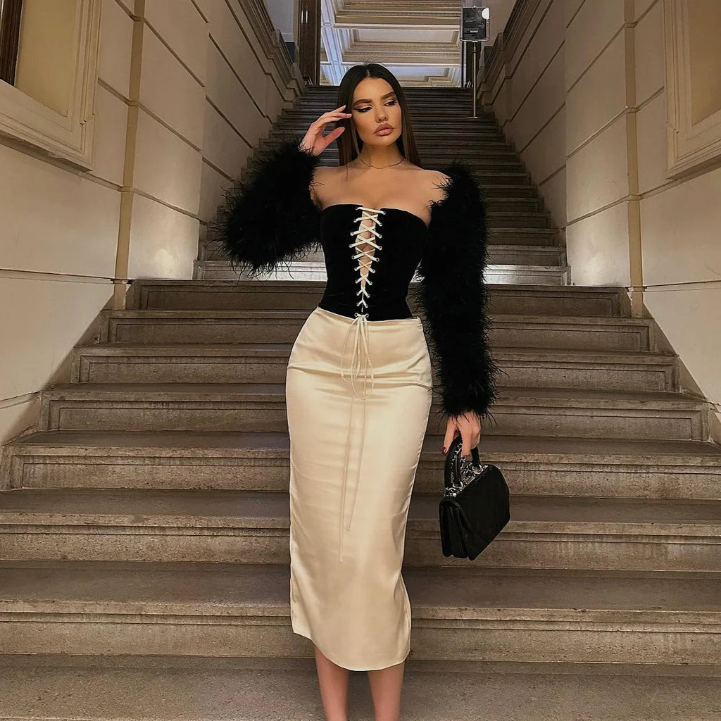 Suninheart Autumn 2 Piece Dress Set 2024 New in Lace Up Velvet Top and Pencil Skirt Set Black Elegant Dress Women Party Dresses