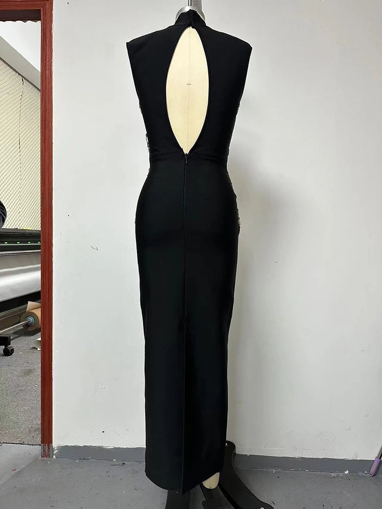 Sexy High Neck Hollow Out Crystal Bandage Dress Women Black Sleeveless Backless Split Long Bodycon Dresses Club Cocktail Party
