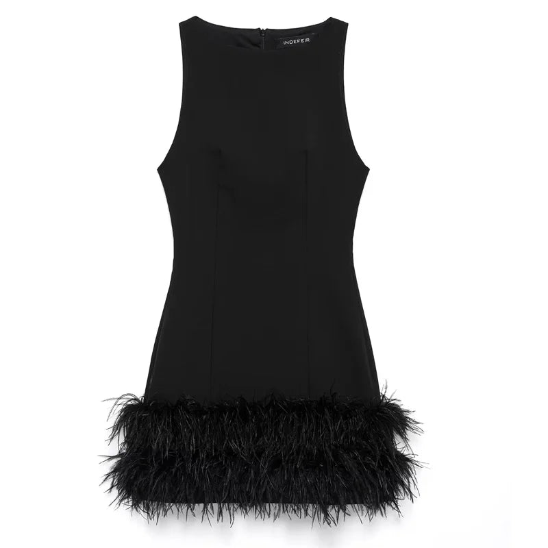 HXAO Womens Dresses 2025 Sleeveless Black Dress With Feathers Bodycon Short Party Dresses Woman Fitted Tank Elegant Mini Dress