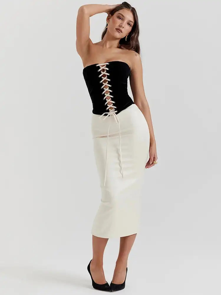 Suninheart Autumn 2 Piece Dress Set 2024 New in Lace Up Velvet Top and Pencil Skirt Set Black Elegant Dress Women Party Dresses