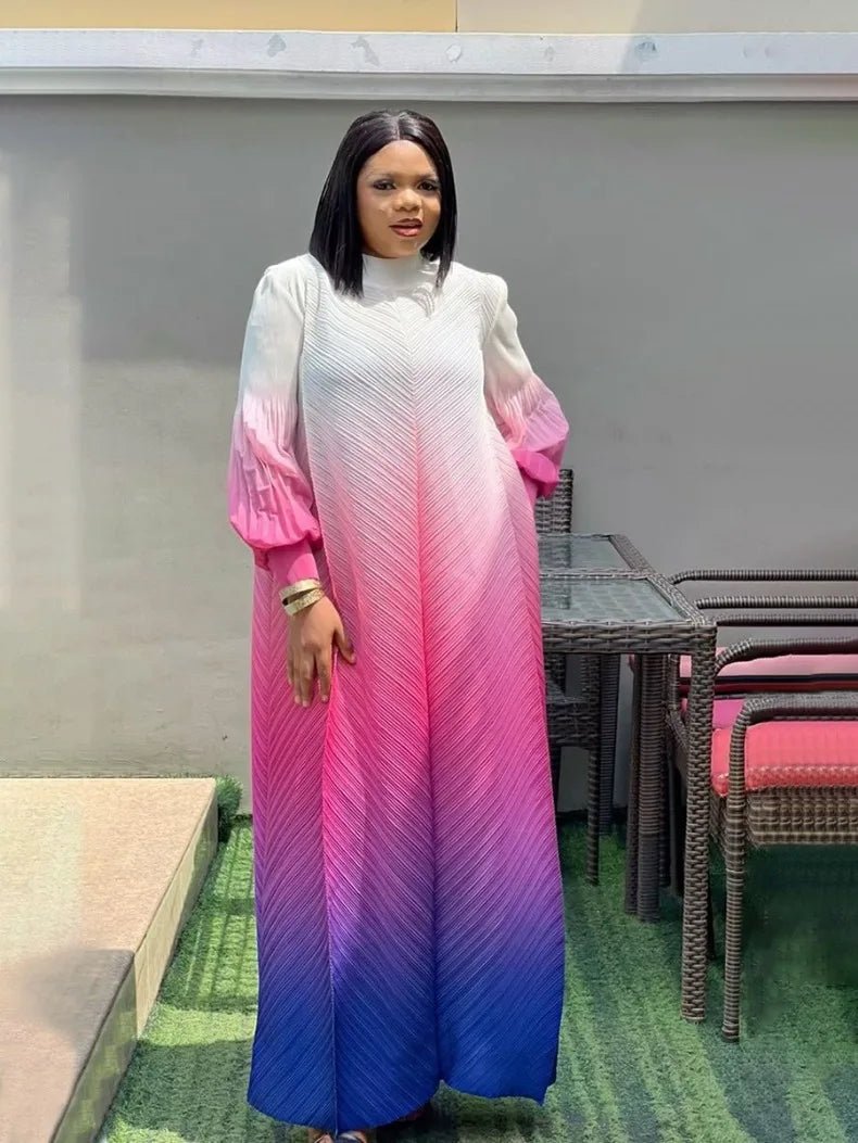 ANLAN Pleated Maxi Long Miyake Dress Gradient Color Lantern Sleeves Half Turtleneck Formal Dresses for Women 2024 New 9YK7603 - J&E