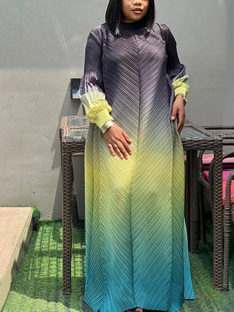 ANLAN Pleated Maxi Long Miyake Dress Gradient Color Lantern Sleeves Half Turtleneck Formal Dresses for Women 2024 New 9YK7603 - J&E