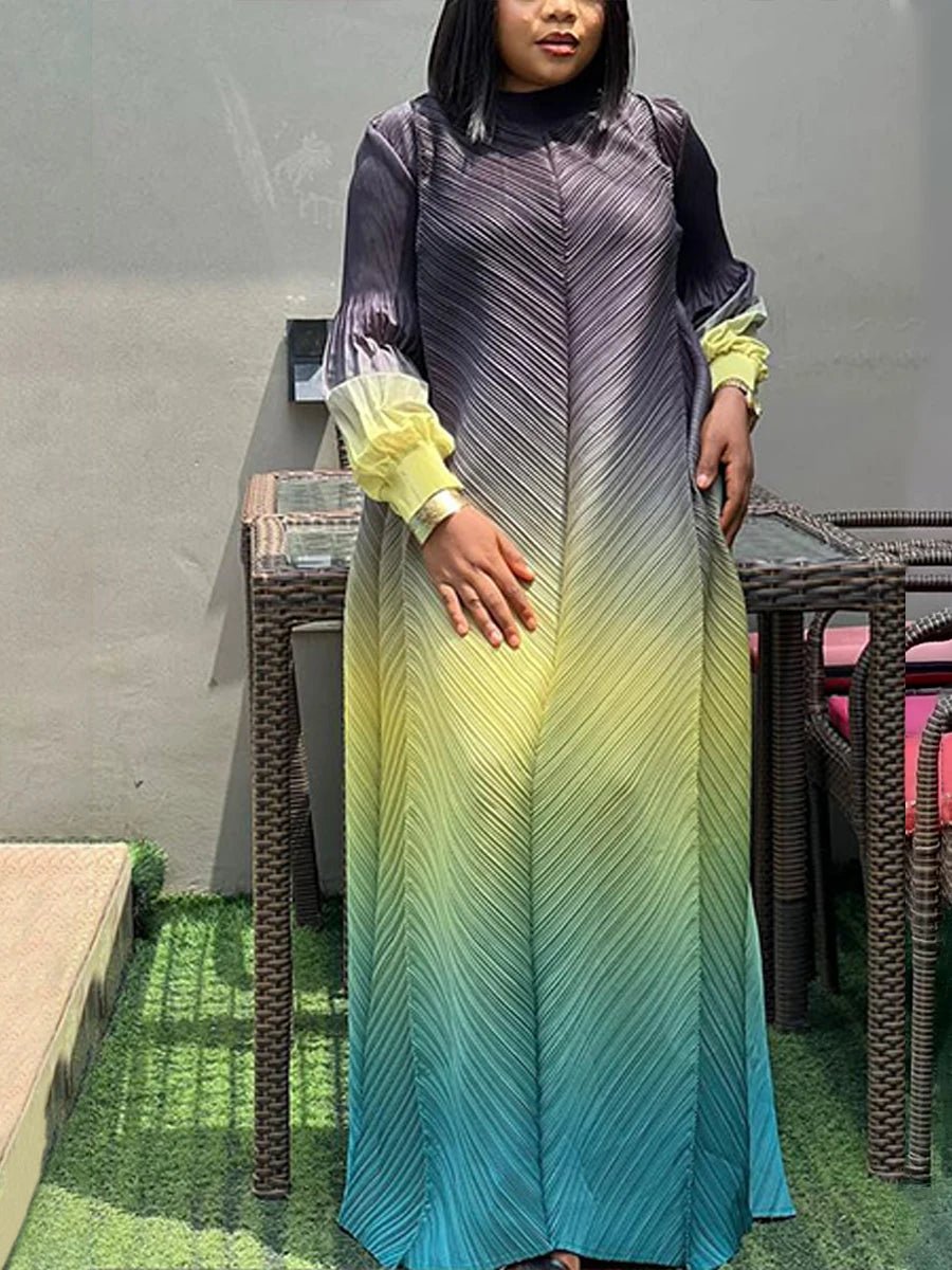 ANLAN Pleated Maxi Long Miyake Dress Gradient Color Lantern Sleeves Half Turtleneck Formal Dresses for Women 2024 New 9YK7603 - J&E