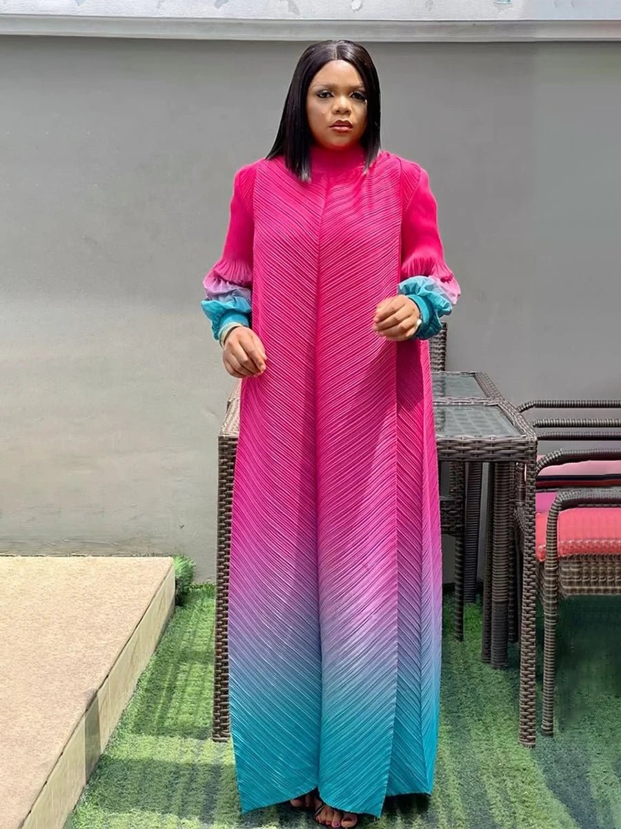 ANLAN Pleated Maxi Long Miyake Dress Gradient Color Lantern Sleeves Half Turtleneck Formal Dresses for Women 2024 New 9YK7603 - J&E