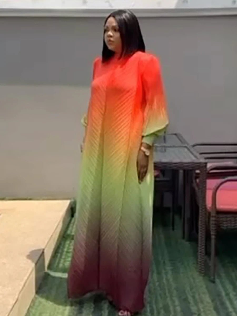 ANLAN Pleated Maxi Long Miyake Dress Gradient Color Lantern Sleeves Half Turtleneck Formal Dresses for Women 2024 New 9YK7603 - J&E