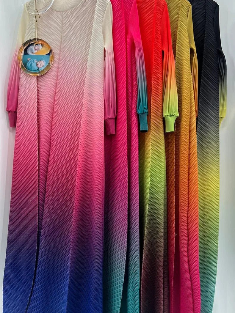 ANLAN Pleated Maxi Long Miyake Dress Gradient Color Lantern Sleeves Half Turtleneck Formal Dresses for Women 2024 New 9YK7603 - J&E