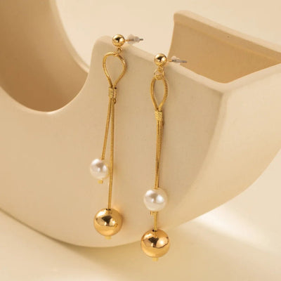 Gold Color Tassels Earring Creative Imitation Pearl Splicing Copper Long Chain Earrings Women Girls Vintage Minimalist Jewelry - J&E