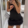 HXAO Womens Dresses 2025 Sleeveless Black Dress With Feathers Bodycon Short Party Dresses Woman Fitted Tank Elegant Mini Dress - J&E