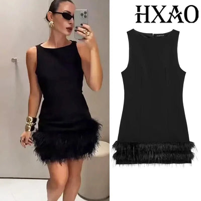 HXAO Womens Dresses 2025 Sleeveless Black Dress With Feathers Bodycon Short Party Dresses Woman Fitted Tank Elegant Mini Dress - J&E