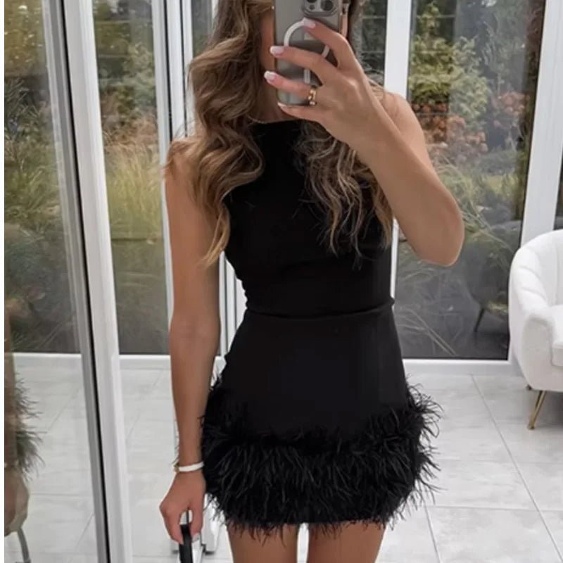HXAO Womens Dresses 2025 Sleeveless Black Dress With Feathers Bodycon Short Party Dresses Woman Fitted Tank Elegant Mini Dress - J&E