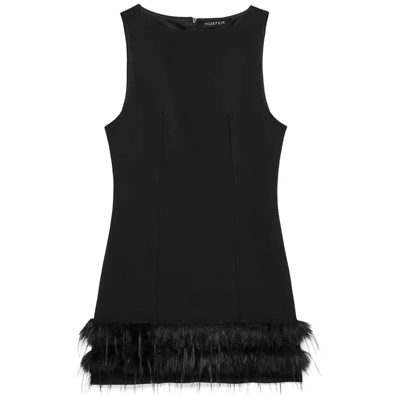 HXAO Womens Dresses 2025 Sleeveless Black Dress With Feathers Bodycon Short Party Dresses Woman Fitted Tank Elegant Mini Dress - J&E