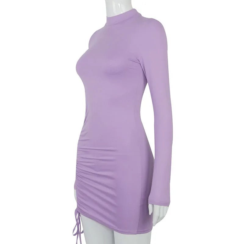 Long Sleeve Ruched Bodycon Dress Women Turtleneck Bandage Mini Dresses Autumn Black Skinny Stretchy Party Vestidos - J&E