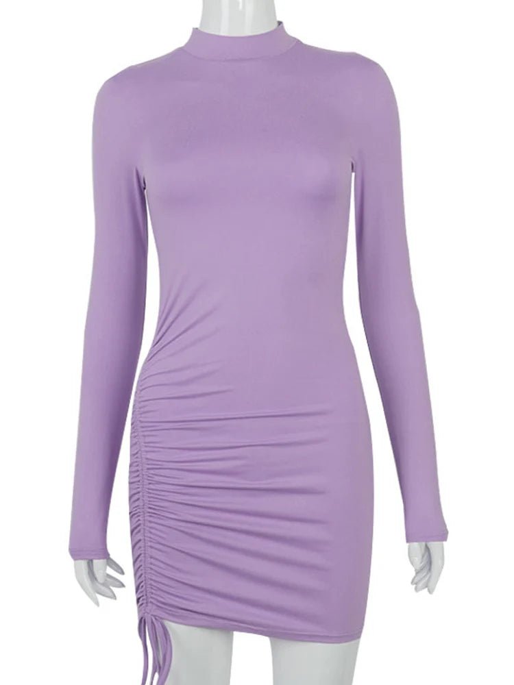 Long Sleeve Ruched Bodycon Dress Women Turtleneck Bandage Mini Dresses Autumn Black Skinny Stretchy Party Vestidos - J&E