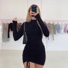 Long Sleeve Ruched Bodycon Dress Women Turtleneck Bandage Mini Dresses Autumn Black Skinny Stretchy Party Vestidos - J&E