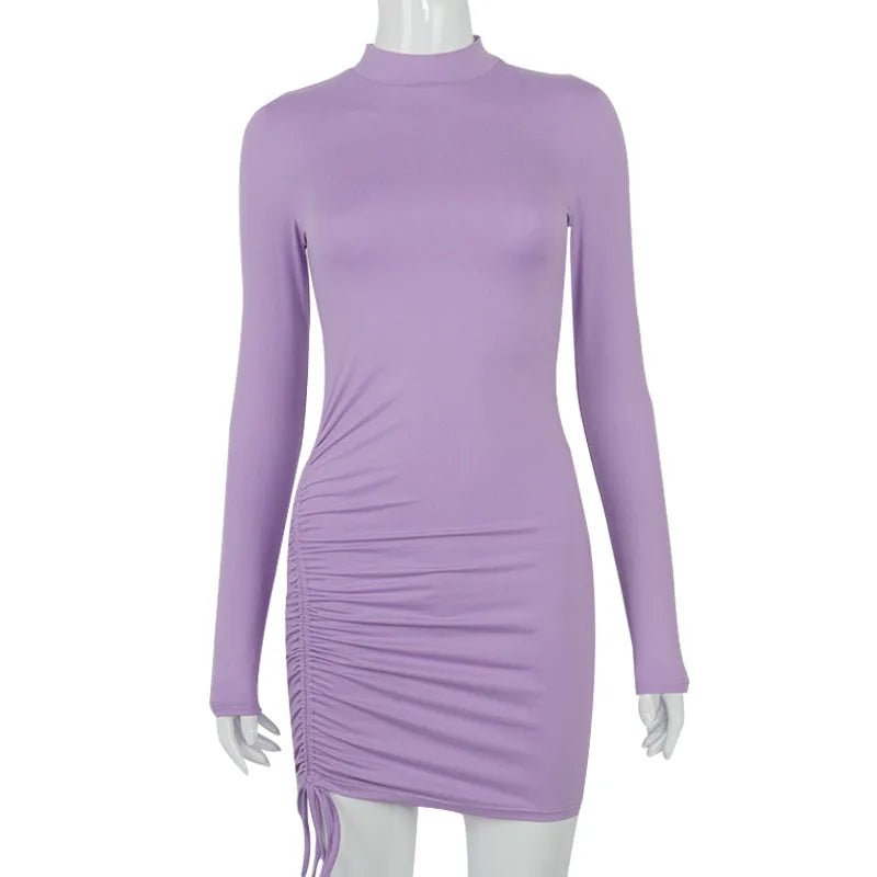 Long Sleeve Ruched Bodycon Dress Women Turtleneck Bandage Mini Dresses Autumn Black Skinny Stretchy Party Vestidos - J&E