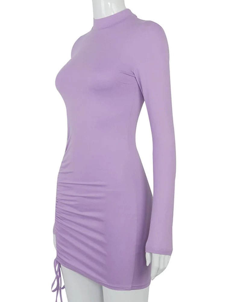 Long Sleeve Ruched Bodycon Dress Women Turtleneck Bandage Mini Dresses Autumn Black Skinny Stretchy Party Vestidos - J&E