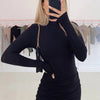 Long Sleeve Ruched Bodycon Dress Women Turtleneck Bandage Mini Dresses Autumn Black Skinny Stretchy Party Vestidos - J&E