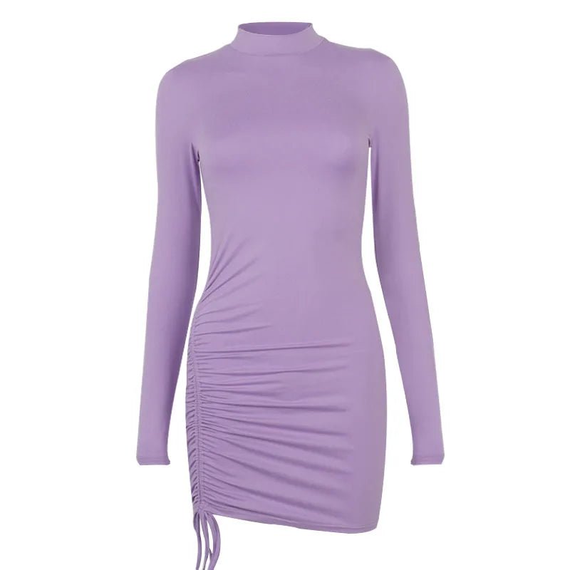 Long Sleeve Ruched Bodycon Dress Women Turtleneck Bandage Mini Dresses Autumn Black Skinny Stretchy Party Vestidos - J&E