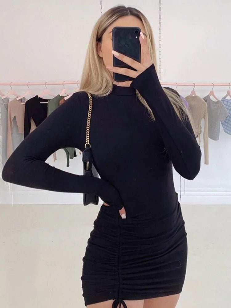Long Sleeve Ruched Bodycon Dress Women Turtleneck Bandage Mini Dresses Autumn Black Skinny Stretchy Party Vestidos - J&E