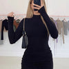 Long Sleeve Ruched Bodycon Dress Women Turtleneck Bandage Mini Dresses Autumn Black Skinny Stretchy Party Vestidos - J&E