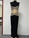 Sexy High Neck Hollow Out Crystal Bandage Dress Women Black Sleeveless Backless Split Long Bodycon Dresses Club Cocktail Party - J&E
