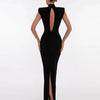 Sexy High Neck Hollow Out Crystal Bandage Dress Women Black Sleeveless Backless Split Long Bodycon Dresses Club Cocktail Party - J&E