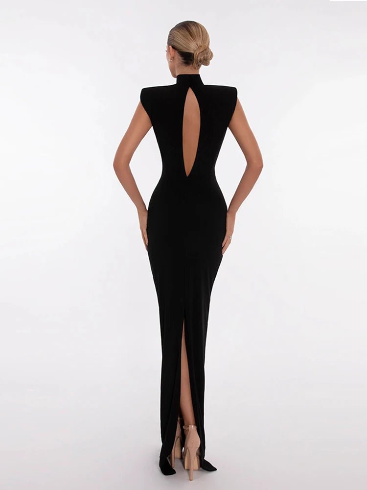 Sexy High Neck Hollow Out Crystal Bandage Dress Women Black Sleeveless Backless Split Long Bodycon Dresses Club Cocktail Party - J&E