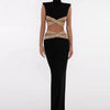 Sexy High Neck Hollow Out Crystal Bandage Dress Women Black Sleeveless Backless Split Long Bodycon Dresses Club Cocktail Party - J&E