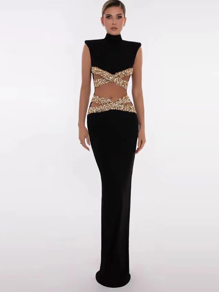 Sexy High Neck Hollow Out Crystal Bandage Dress Women Black Sleeveless Backless Split Long Bodycon Dresses Club Cocktail Party - J&E