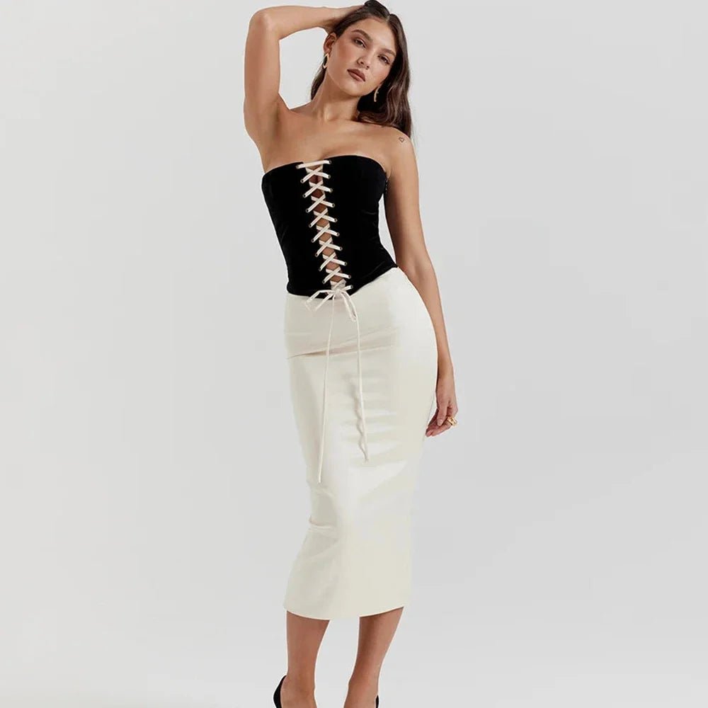 Suninheart Autumn 2 Piece Dress Set 2024 New in Lace Up Velvet Top and Pencil Skirt Set Black Elegant Dress Women Party Dresses - J&E