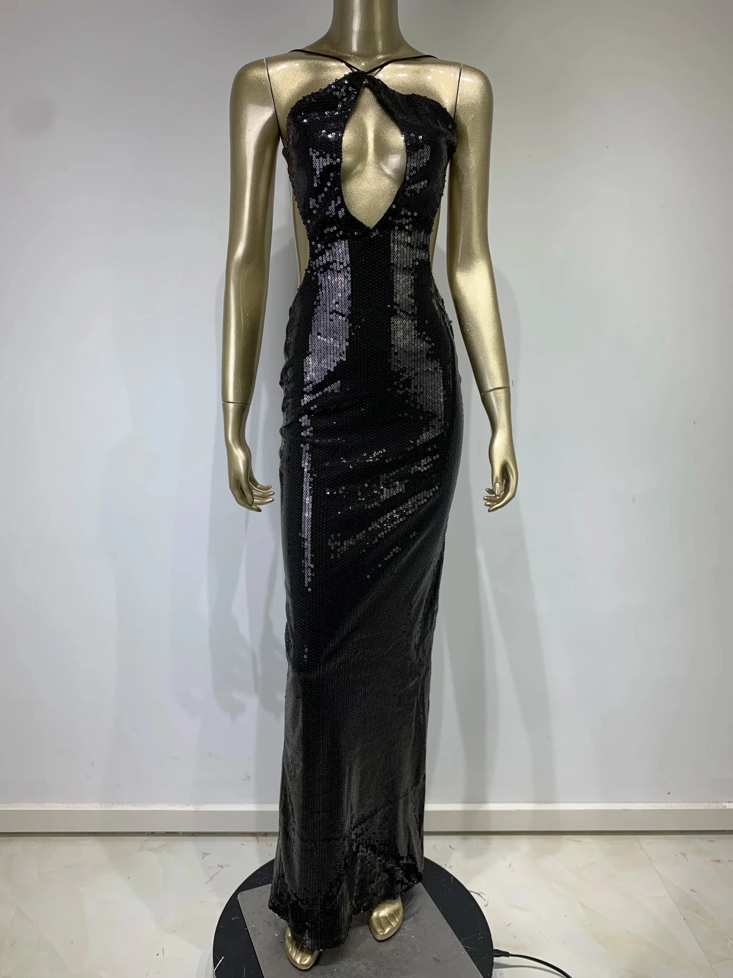 Women Summer Luxury Sexy Backless Halter Black Mesh Sequins Maxi Long Gowns Dress Elegant Celebrity Evening Party Club Dress - J&E