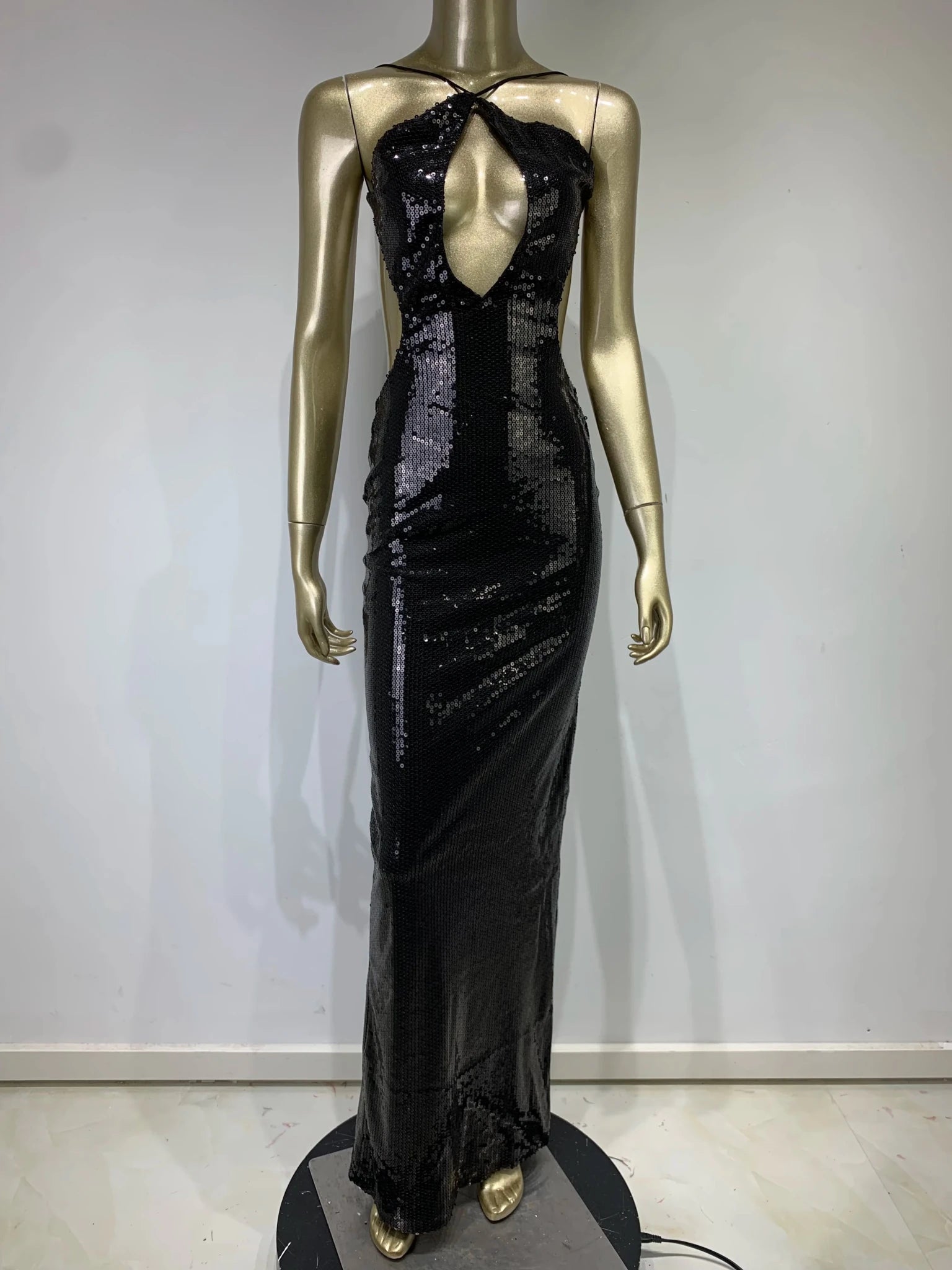 Women Summer Luxury Sexy Backless Halter Black Mesh Sequins Maxi Long Gowns Dress Elegant Celebrity Evening Party Club Dress - J&E