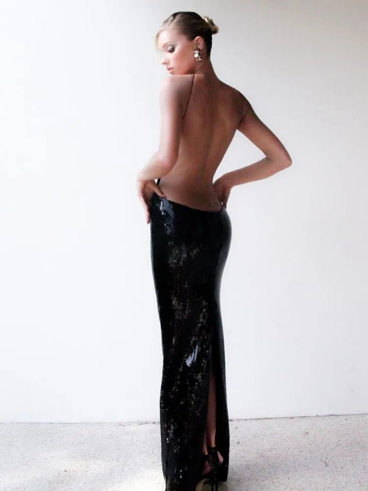 Women Summer Luxury Sexy Backless Halter Black Mesh Sequins Maxi Long Gowns Dress Elegant Celebrity Evening Party Club Dress - J&E