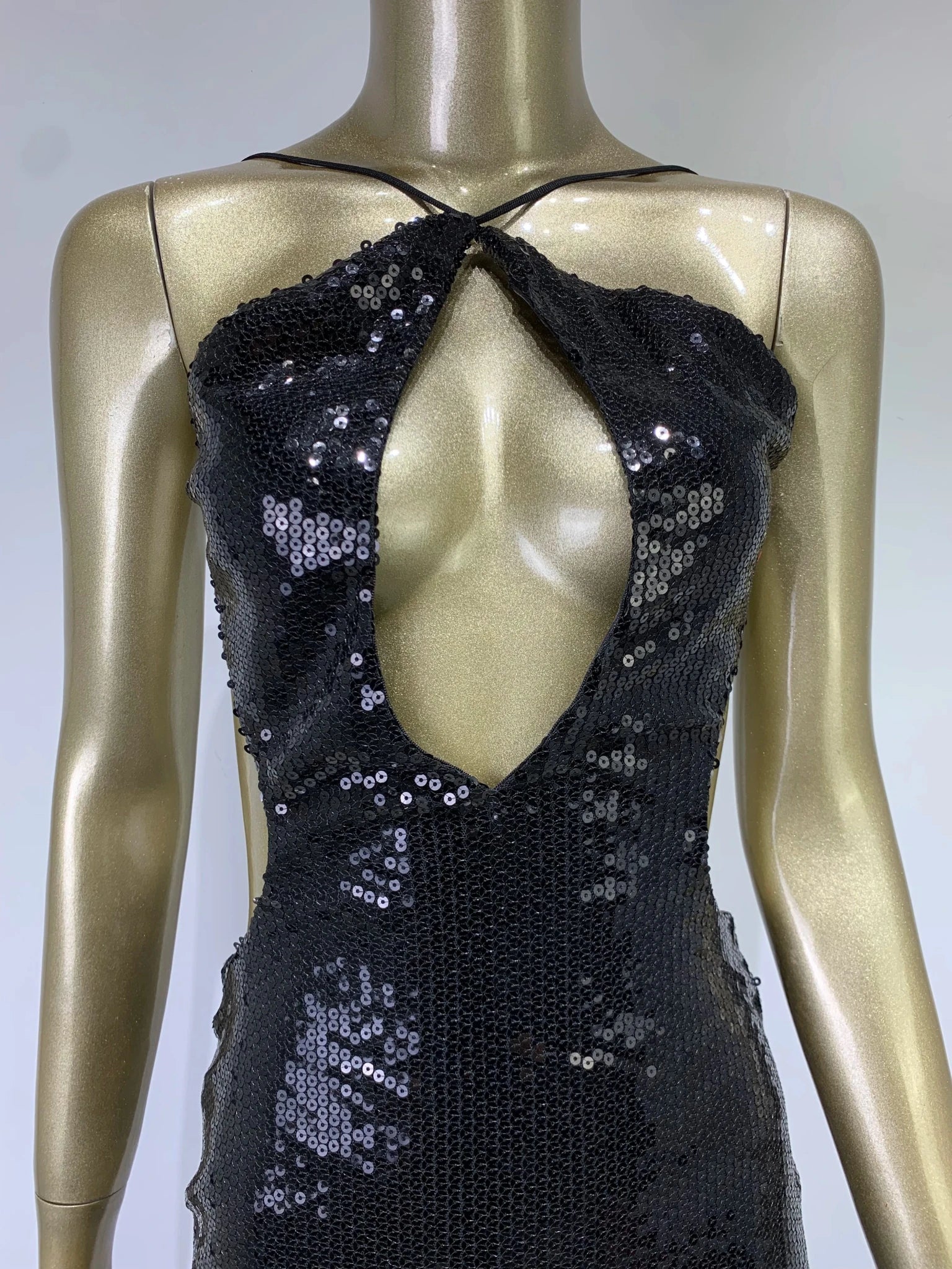 Women Summer Luxury Sexy Backless Halter Black Mesh Sequins Maxi Long Gowns Dress Elegant Celebrity Evening Party Club Dress - J&E