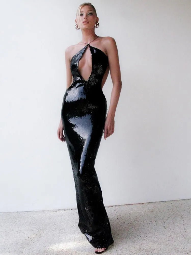 Women Summer Luxury Sexy Backless Halter Black Mesh Sequins Maxi Long Gowns Dress Elegant Celebrity Evening Party Club Dress - J&E