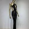 Women Summer Luxury Sexy Backless Halter Black Mesh Sequins Maxi Long Gowns Dress Elegant Celebrity Evening Party Club Dress - J&E