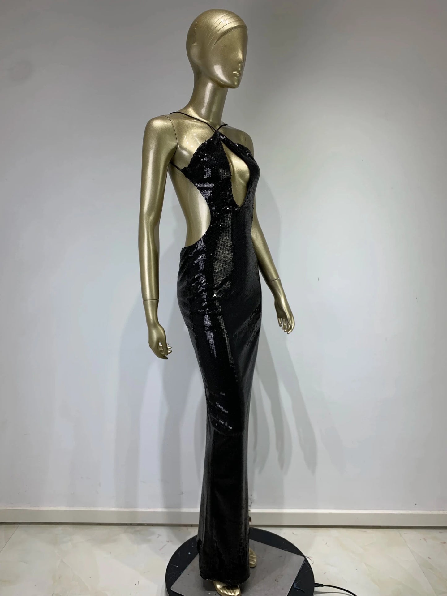 Women Summer Luxury Sexy Backless Halter Black Mesh Sequins Maxi Long Gowns Dress Elegant Celebrity Evening Party Club Dress - J&E