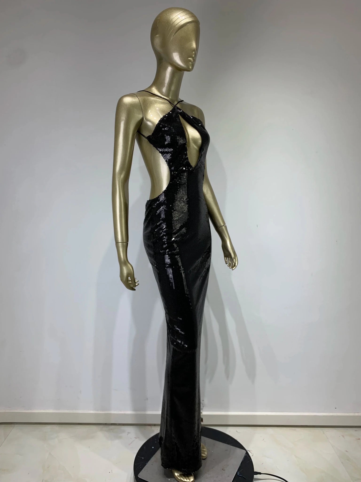 Women Summer Luxury Sexy Backless Halter Black Mesh Sequins Maxi Long Gowns Dress Elegant Celebrity Evening Party Club Dress - J&E