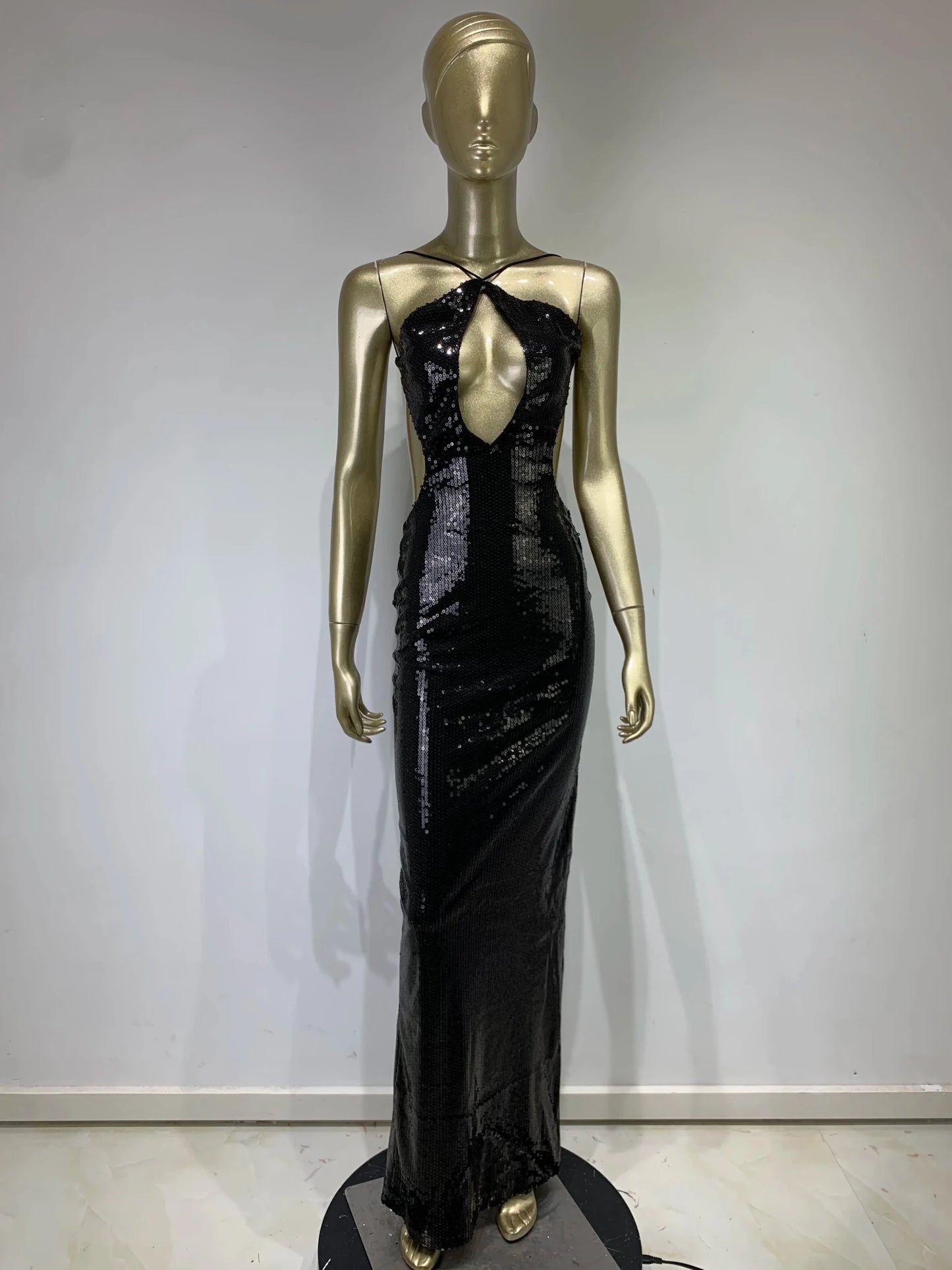 Women Summer Luxury Sexy Backless Halter Black Mesh Sequins Maxi Long Gowns Dress Elegant Celebrity Evening Party Club Dress - J&E
