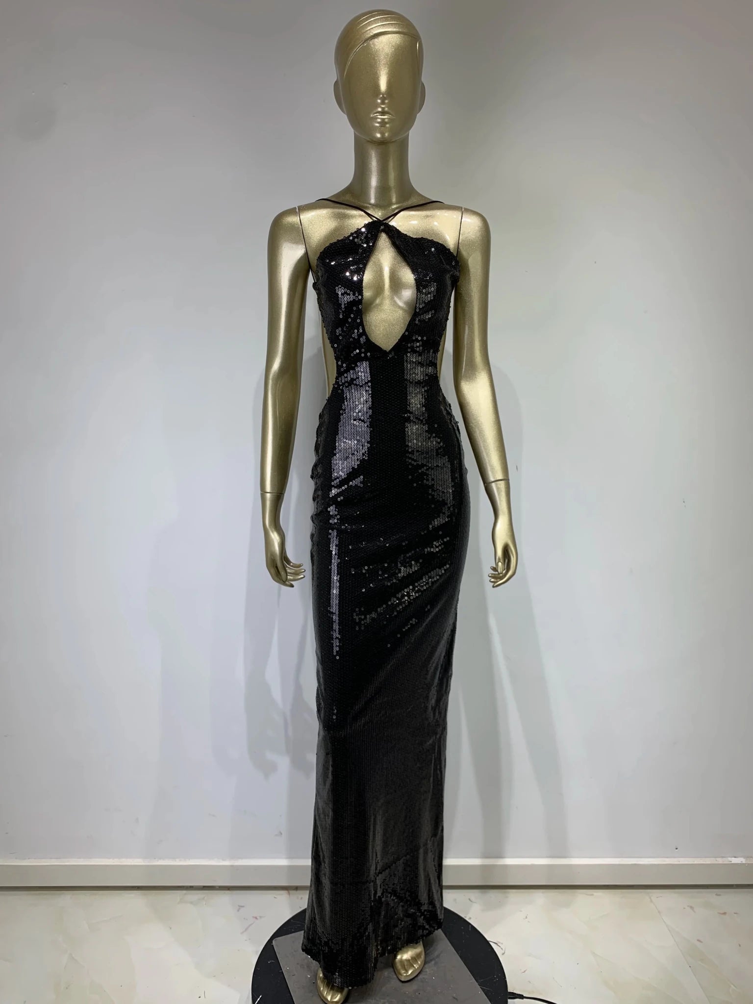 Women Summer Luxury Sexy Backless Halter Black Mesh Sequins Maxi Long Gowns Dress Elegant Celebrity Evening Party Club Dress - J&E