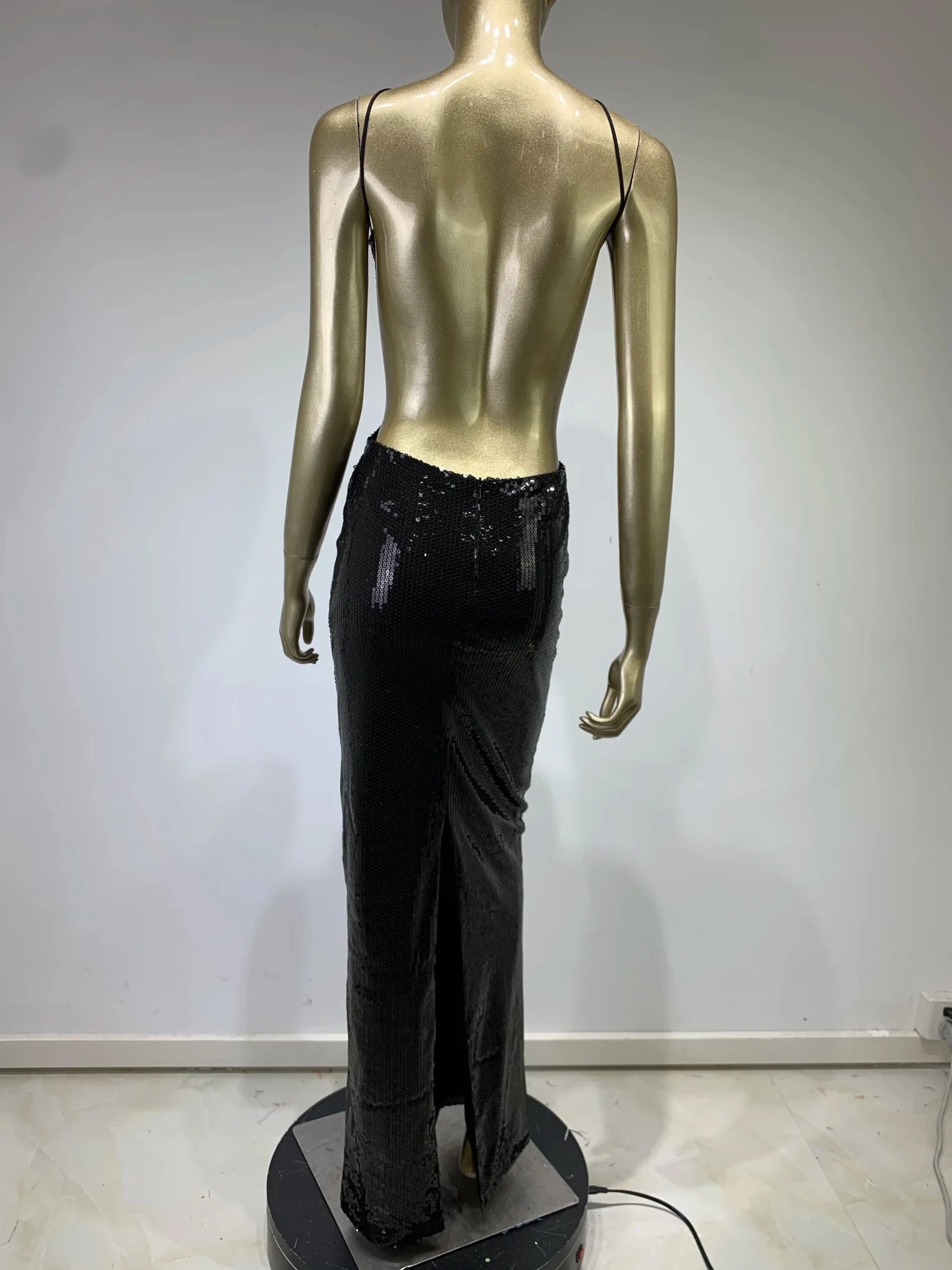 Women Summer Luxury Sexy Backless Halter Black Mesh Sequins Maxi Long Gowns Dress Elegant Celebrity Evening Party Club Dress - J&E