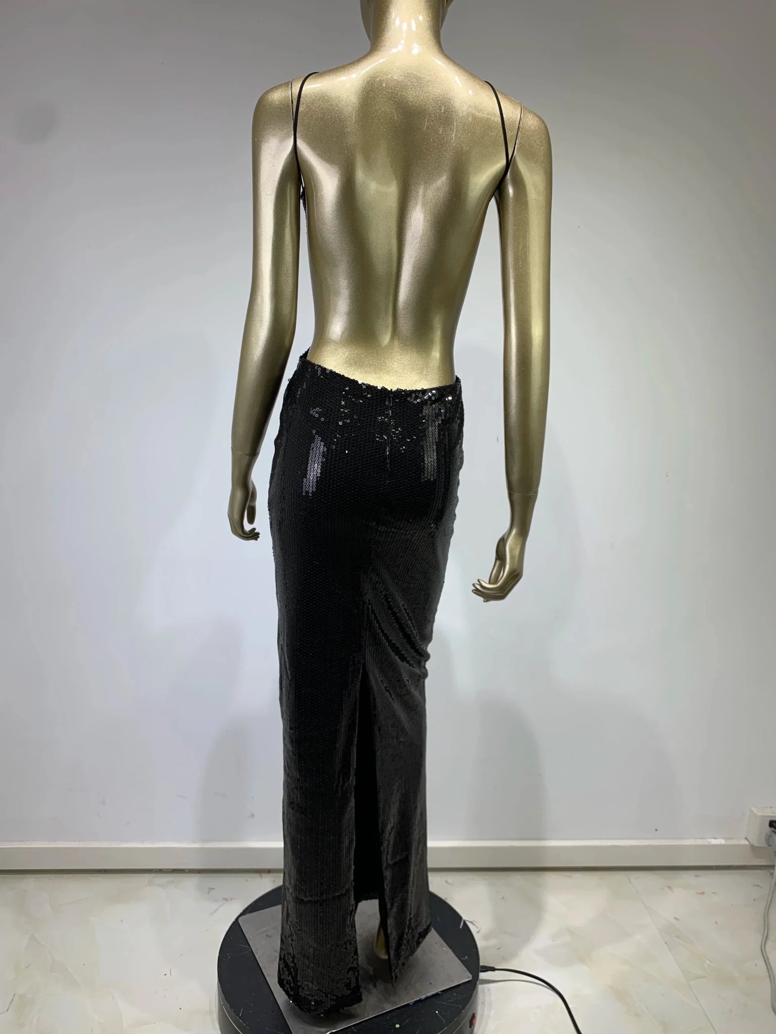Women Summer Luxury Sexy Backless Halter Black Mesh Sequins Maxi Long Gowns Dress Elegant Celebrity Evening Party Club Dress - J&E