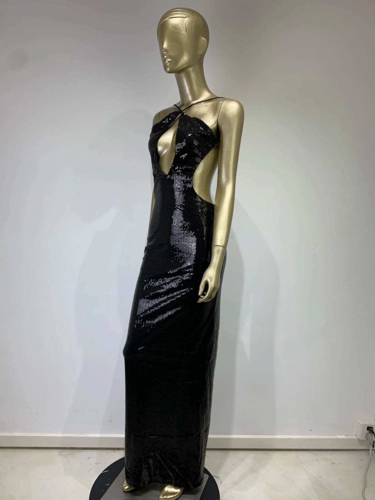 Women Summer Luxury Sexy Backless Halter Black Mesh Sequins Maxi Long Gowns Dress Elegant Celebrity Evening Party Club Dress - J&E